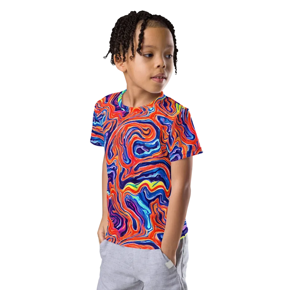 Neon Marbling on Kids Crew Neck T-Shirt — Left Front
