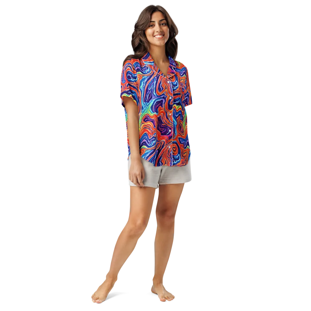 Neon Marbling on Women's Short Sleeve Pajama Top — Front