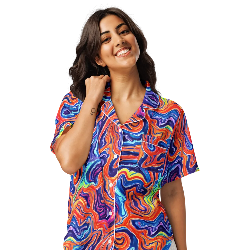 Neon Marbling on Women's Short Sleeve Pajama Top — Front