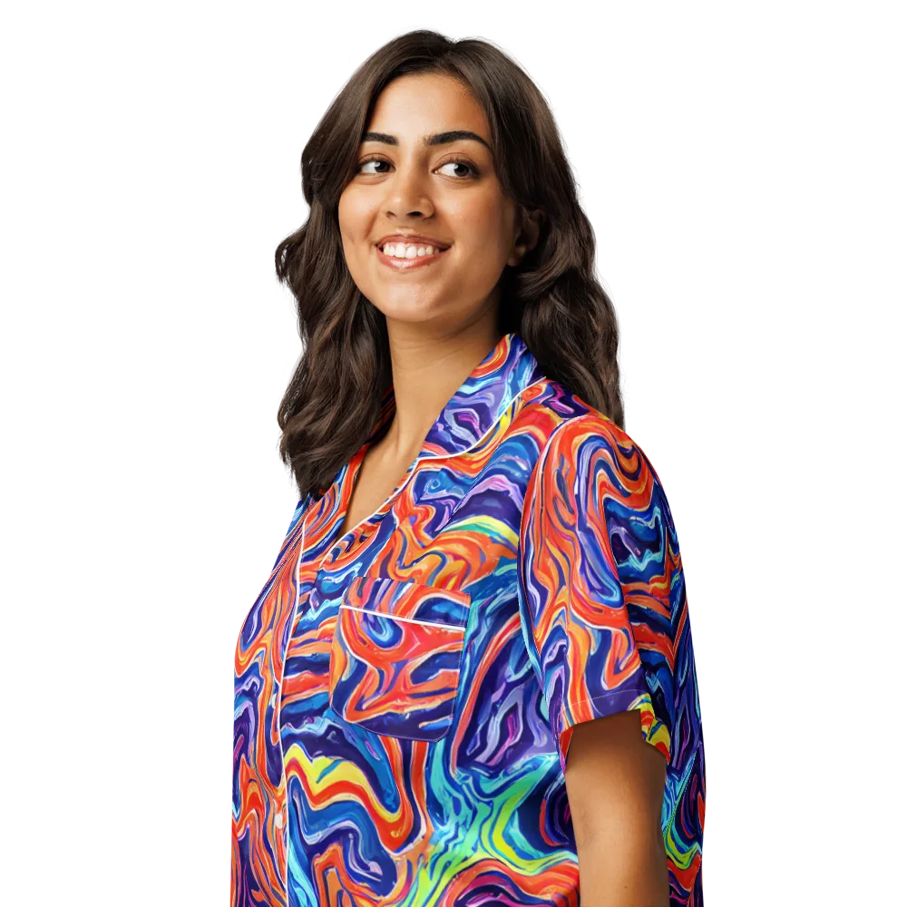 Neon Marbling on Women's Short Sleeve Pajama Top — Left Front