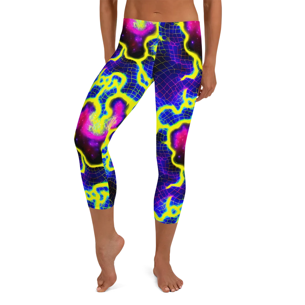 Neon Galaxy Grid on Capri Leggings — Front