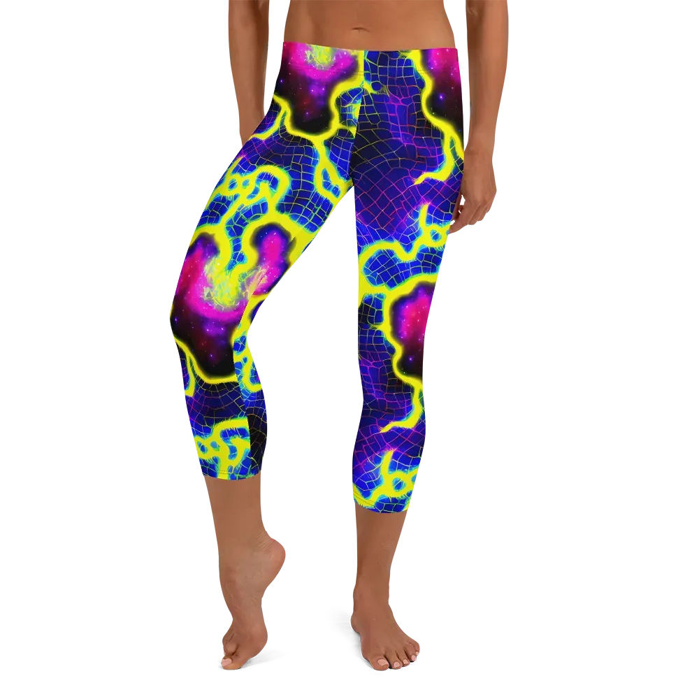 Neon Galaxy Grid on Capri Leggings — Front