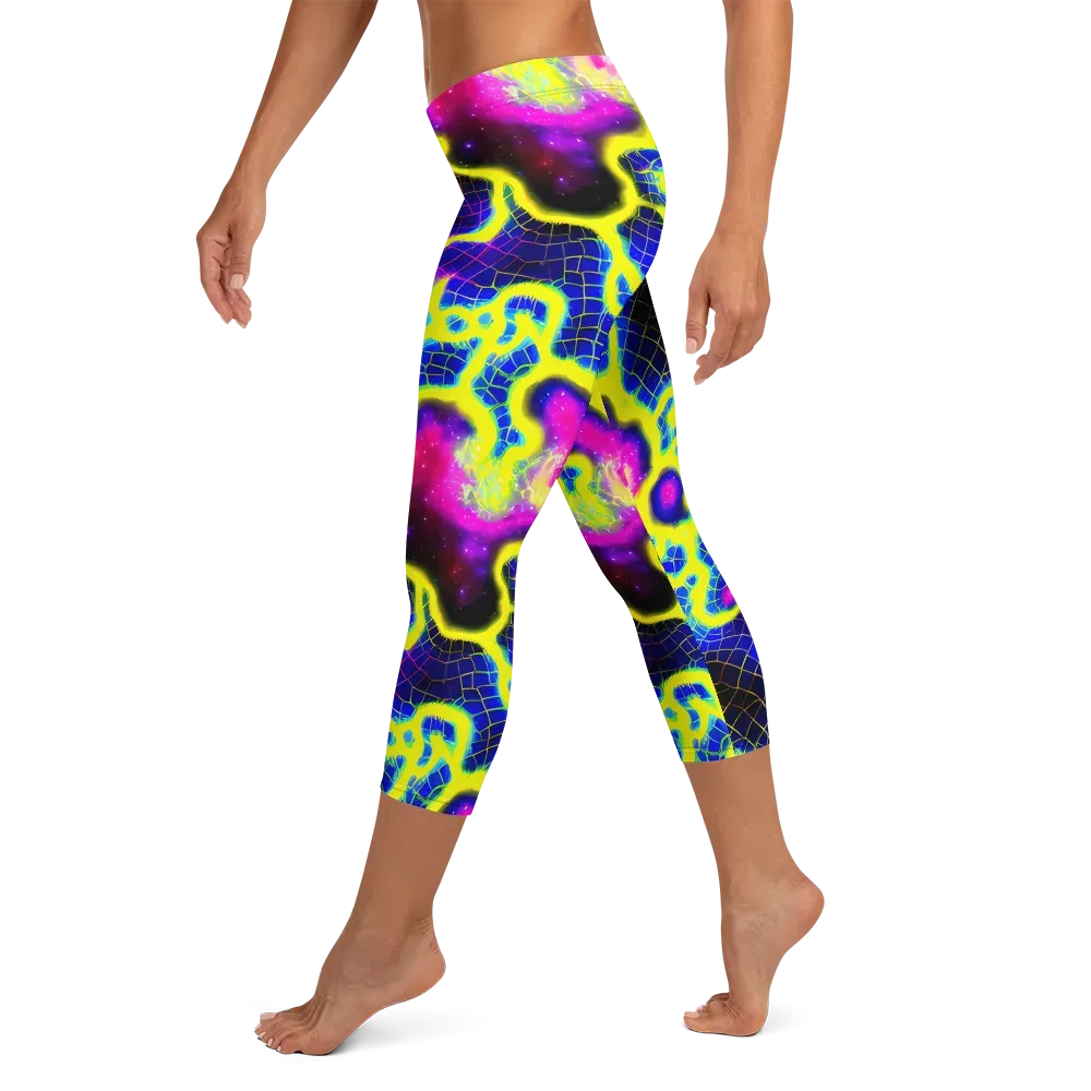 Neon Galaxy Grid on Capri Leggings — Left