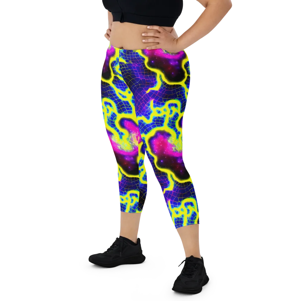 Neon Galaxy Grid on Capri Leggings — Front