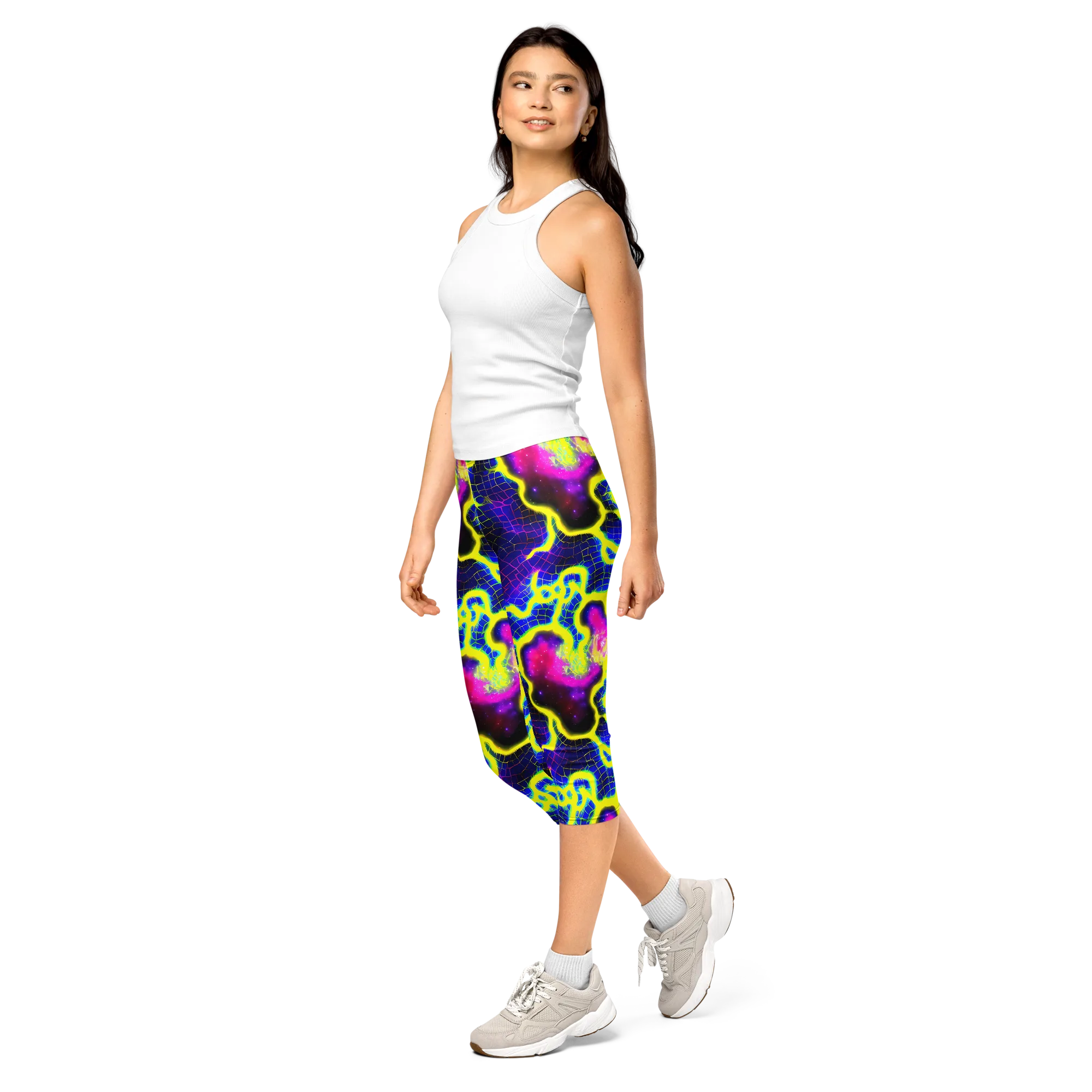 Neon Galaxy Grid on Capri Leggings — Left Front