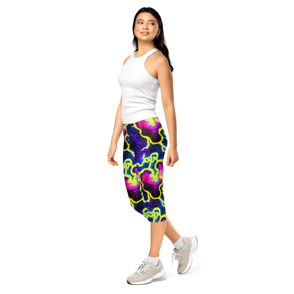 Neon Galaxy Grid on Capri Leggings — Left Front