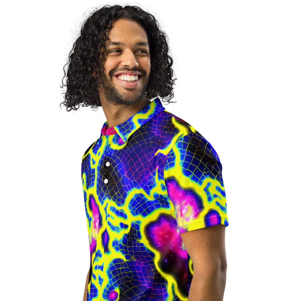 Neon Galaxy Grid on Men's Slim Fit Polo Shirt — Left Front