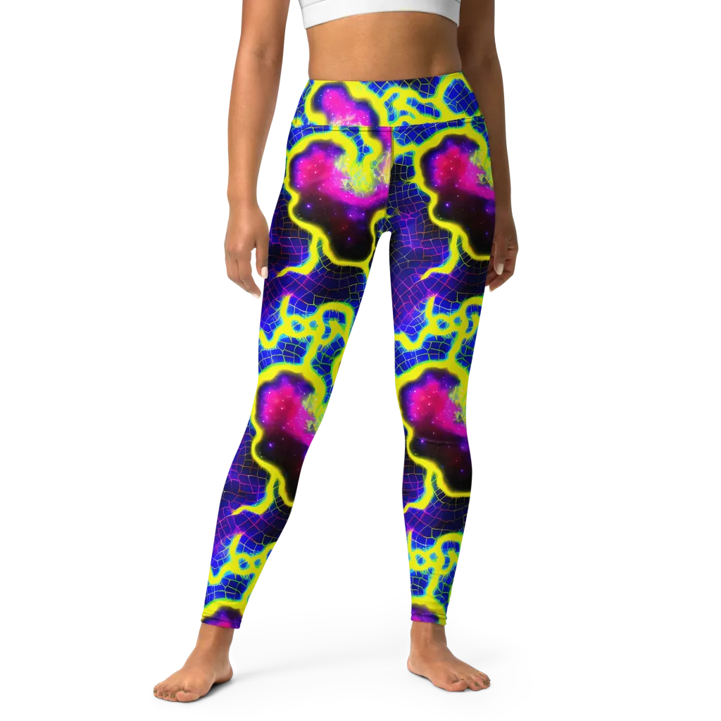 Neon Galaxy Grid on Yoga Leggings — Front