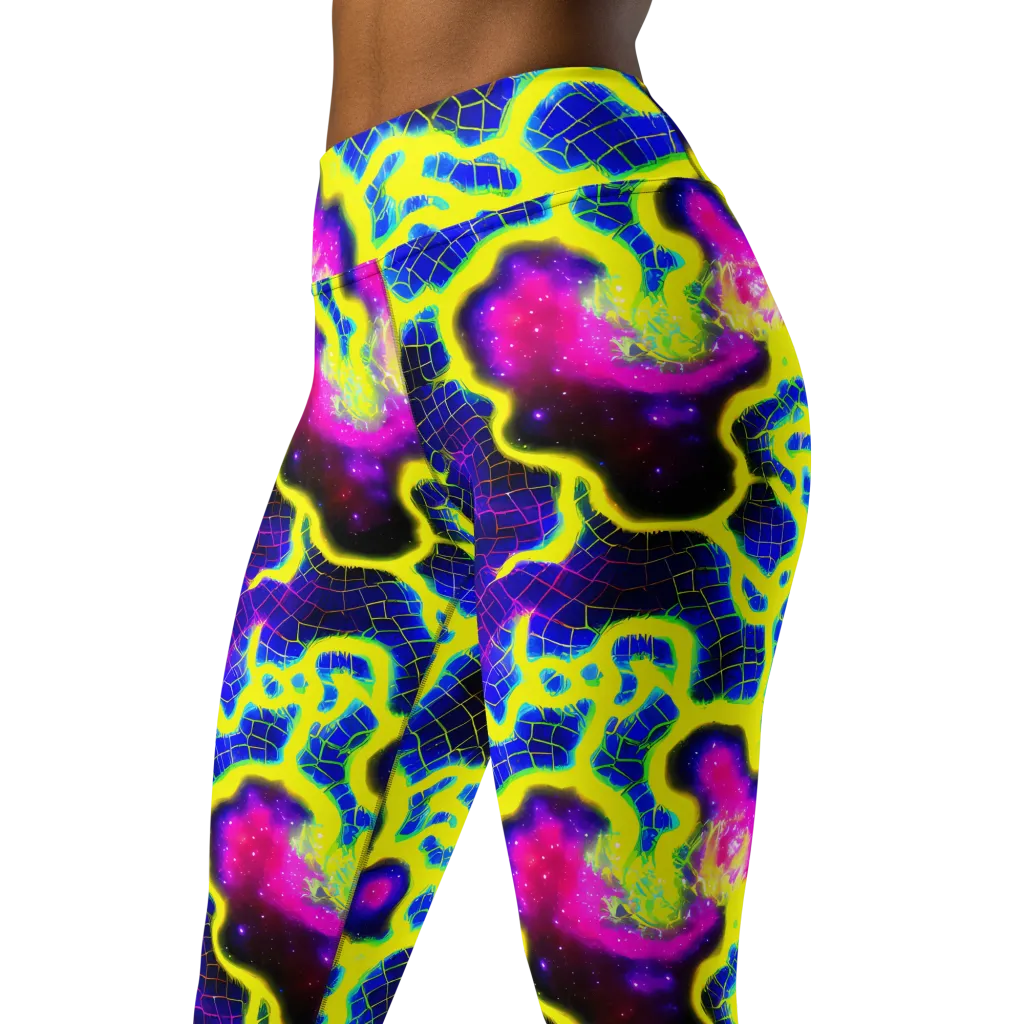 Neon Galaxy Grid on Yoga Leggings — Left Front