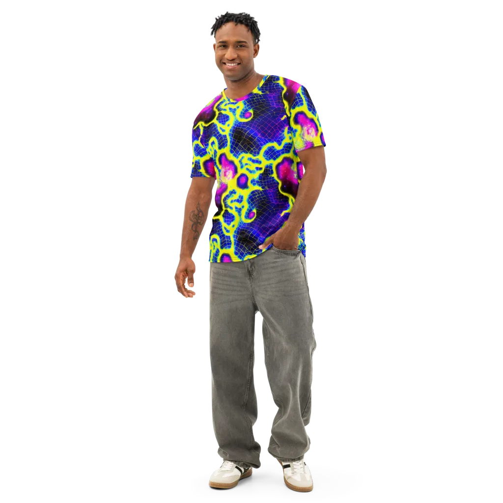 Neon Galaxy Grid on Men's Cotton Crew Neck T-Shirt — Front