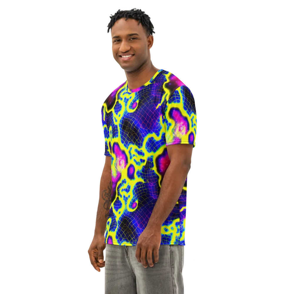 Neon Galaxy Grid on Men's Cotton Crew Neck T-Shirt — Left Front