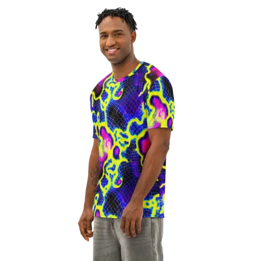 Neon Galaxy Grid on a Men's Cotton Crew Neck T-Shirt
