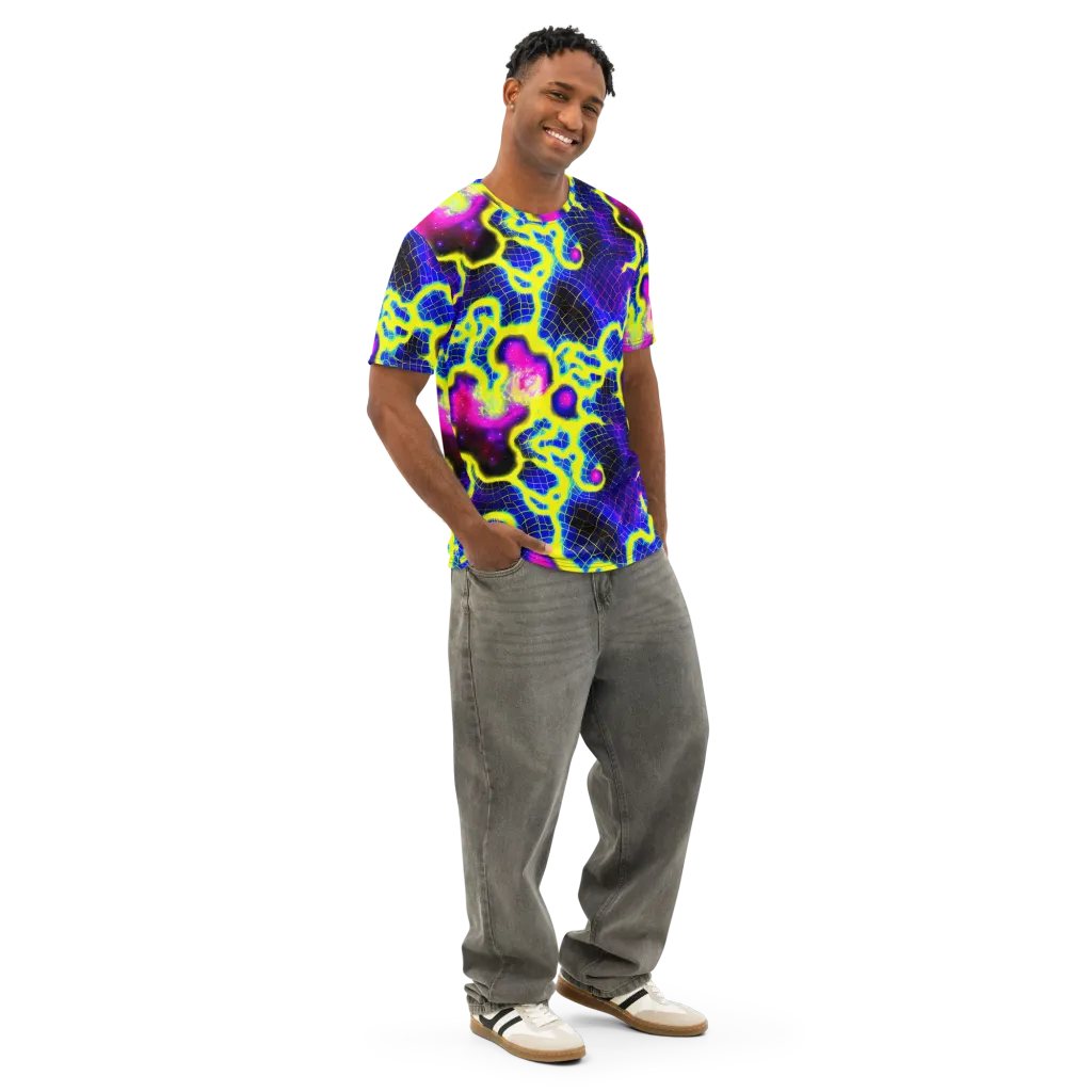 Neon Galaxy Grid on Men's Cotton Crew Neck T-Shirt — Right Front