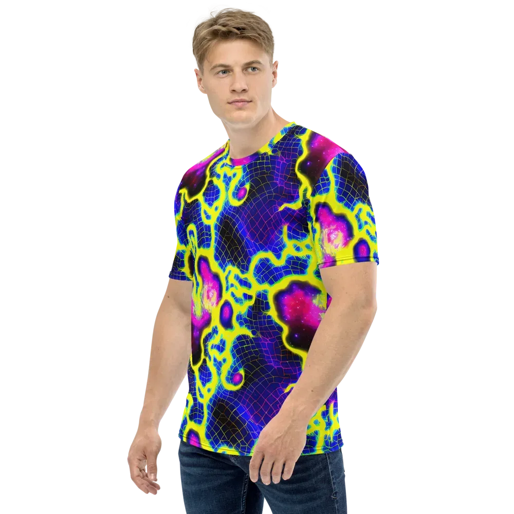 Neon Galaxy Grid on Men's Crew Neck T-Shirt — Left