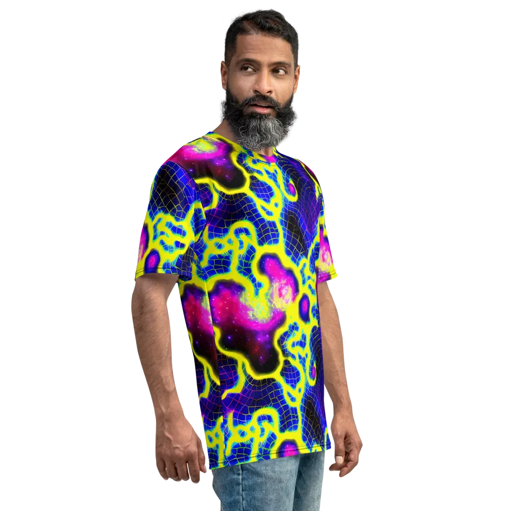 Neon Galaxy Grid on Men's Crew Neck T-Shirt — Right