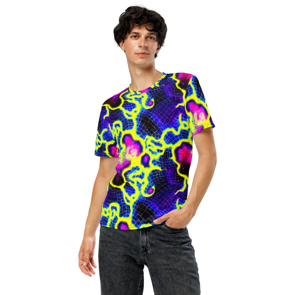 Neon Galaxy Grid on Men's Crew Neck T-Shirt — Front