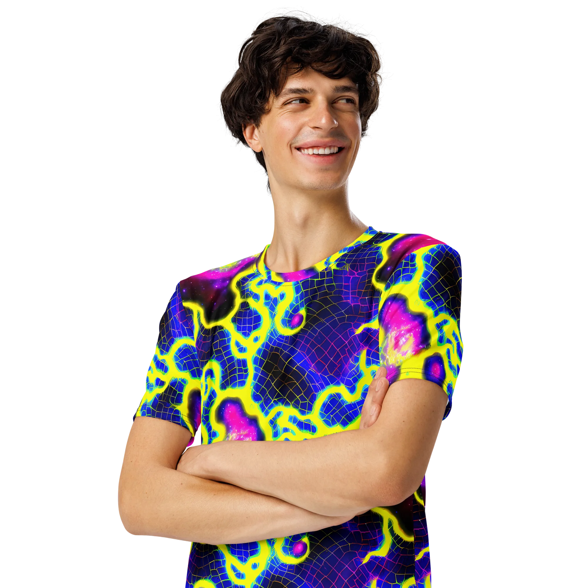 Neon Galaxy Grid on Men's Crew Neck T-Shirt — Left Front