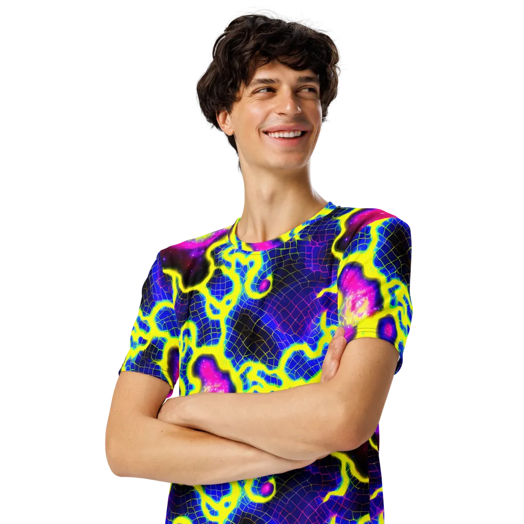 Neon Galaxy Grid on Men's Crew Neck T-Shirt — Left Front