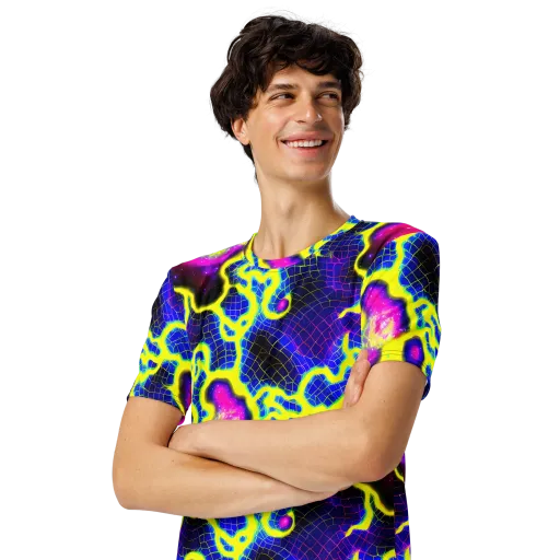 Neon Galaxy Grid on a Men's Crew Neck T-Shirt