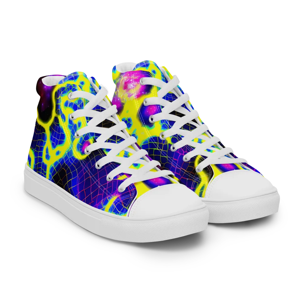 Neon Galaxy Grid on Men's High Top Canvas Shoes — Right Front