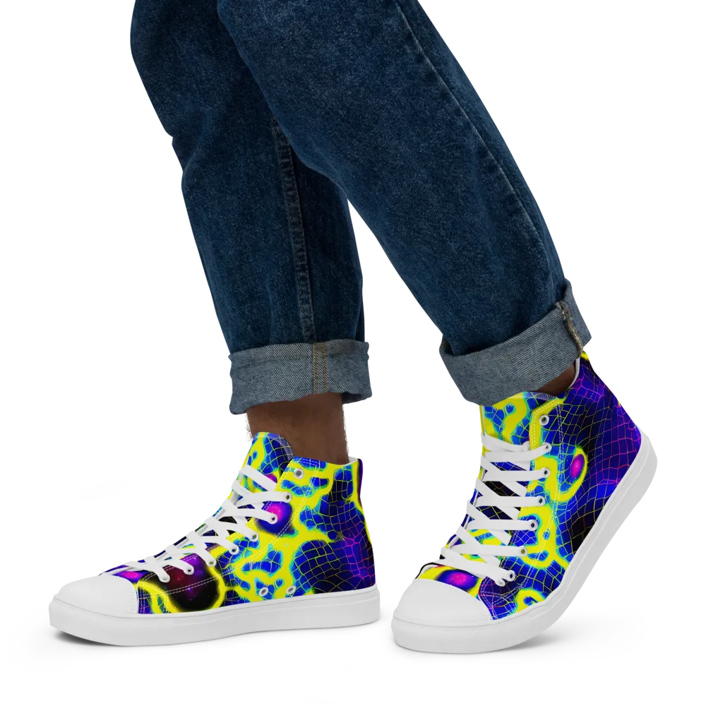 Neon Galaxy Grid on Men's High Top Canvas Shoes — Left