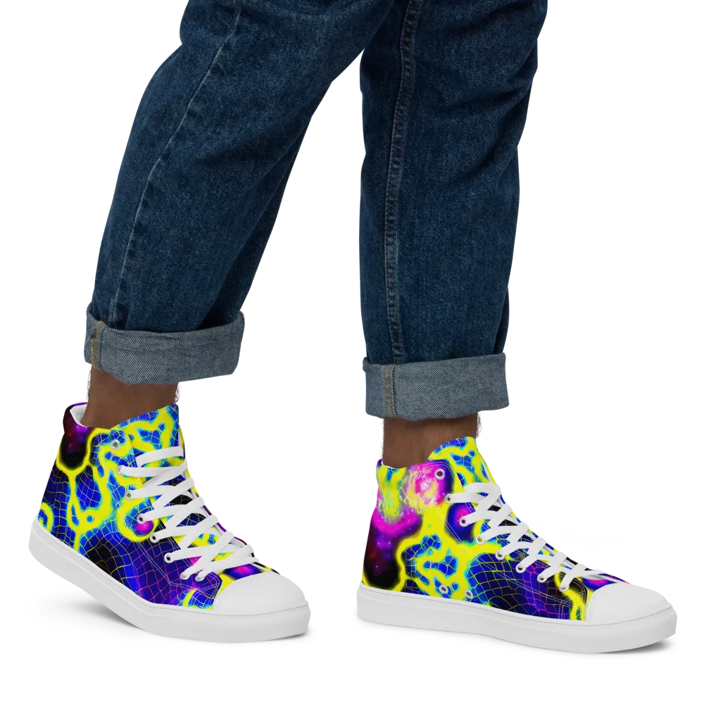 Neon Galaxy Grid on Men's High Top Canvas Shoes — Right