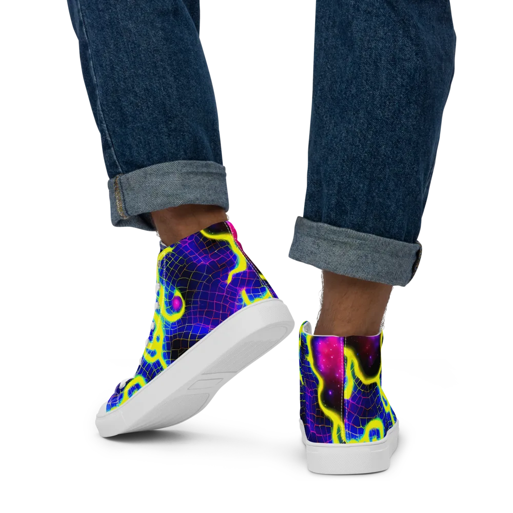 Neon Galaxy Grid on Men's High Top Canvas Shoes — Back
