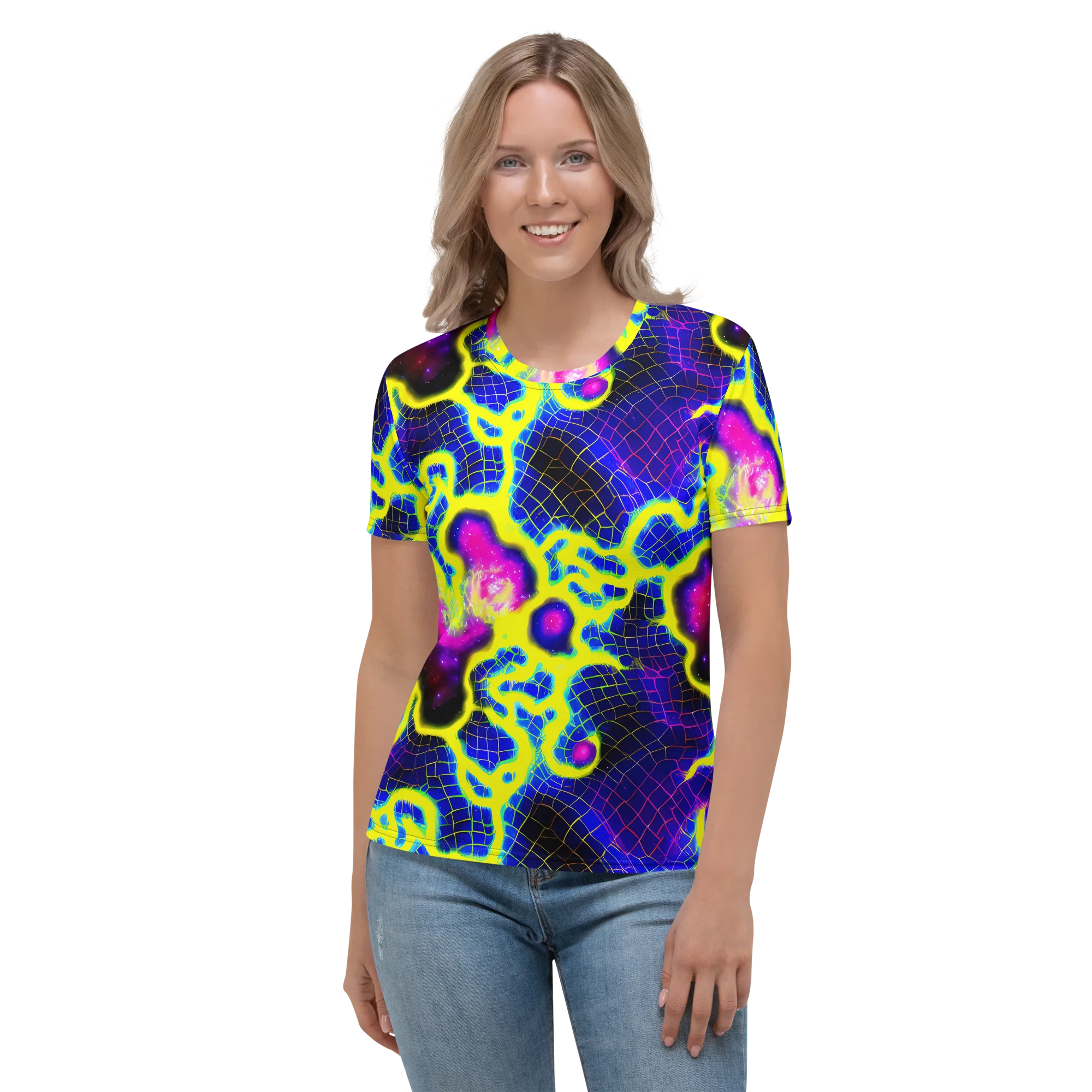 Neon Galaxy Grid on Women's Crew Neck T-Shirt — Front