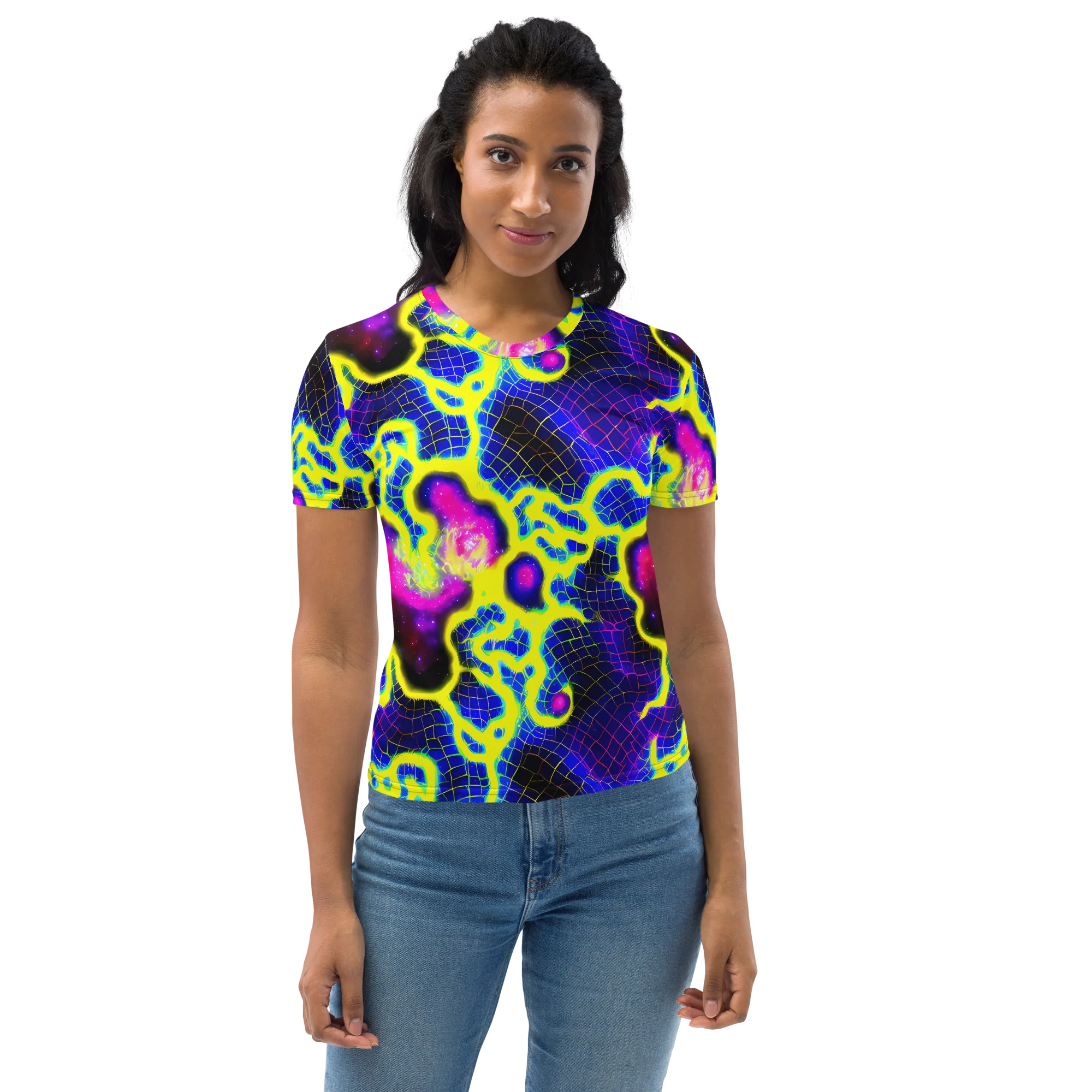 Neon Galaxy Grid on Women's Crew Neck T-Shirt — Front