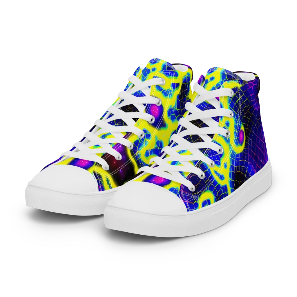 Neon Galaxy Grid on Women's High Top Canvas Shoes — Left Front