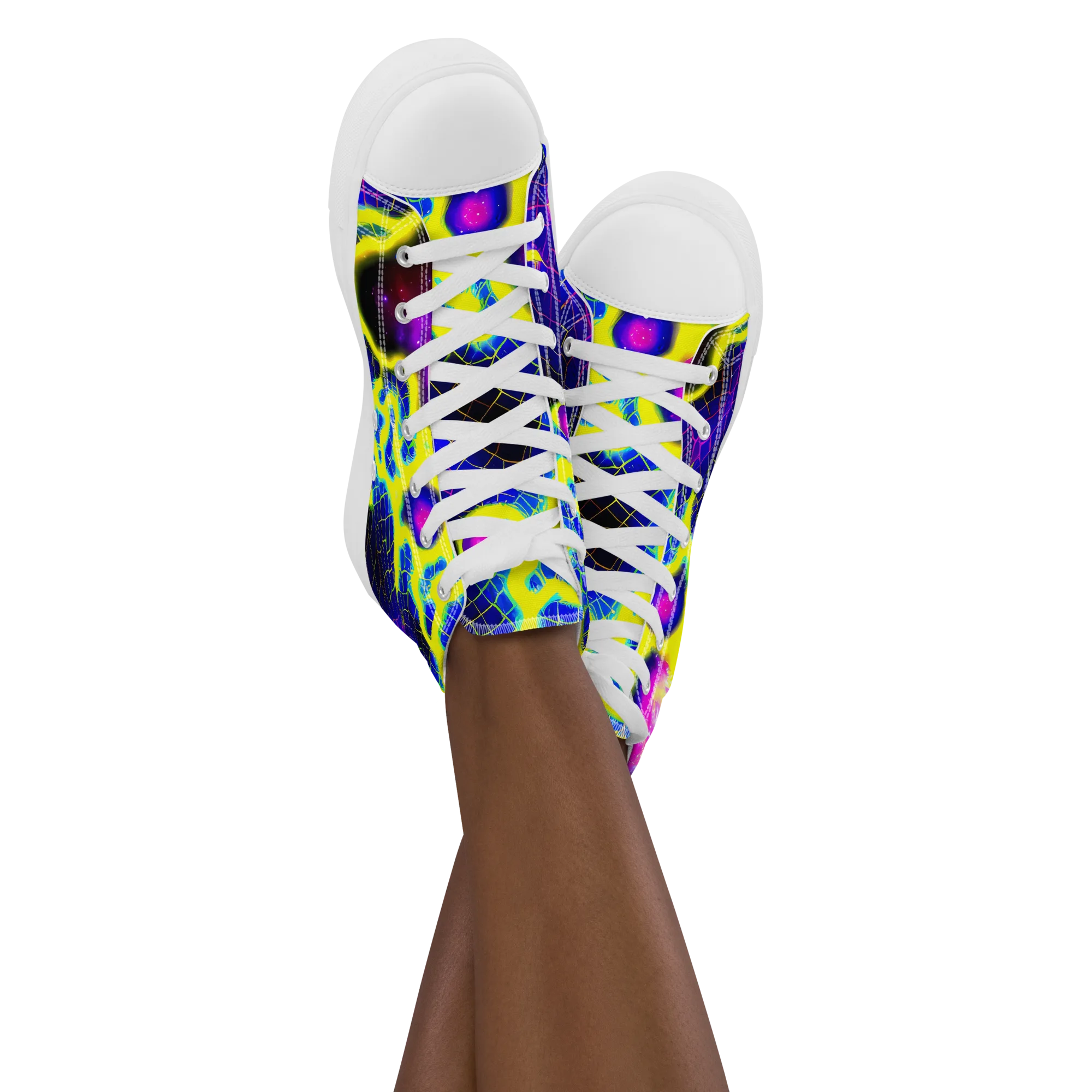 Neon Galaxy Grid on Women's High Top Canvas Shoes — Front