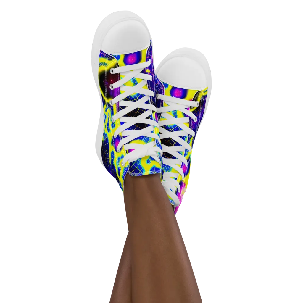 Neon Galaxy Grid on Women's High Top Canvas Shoes — Front