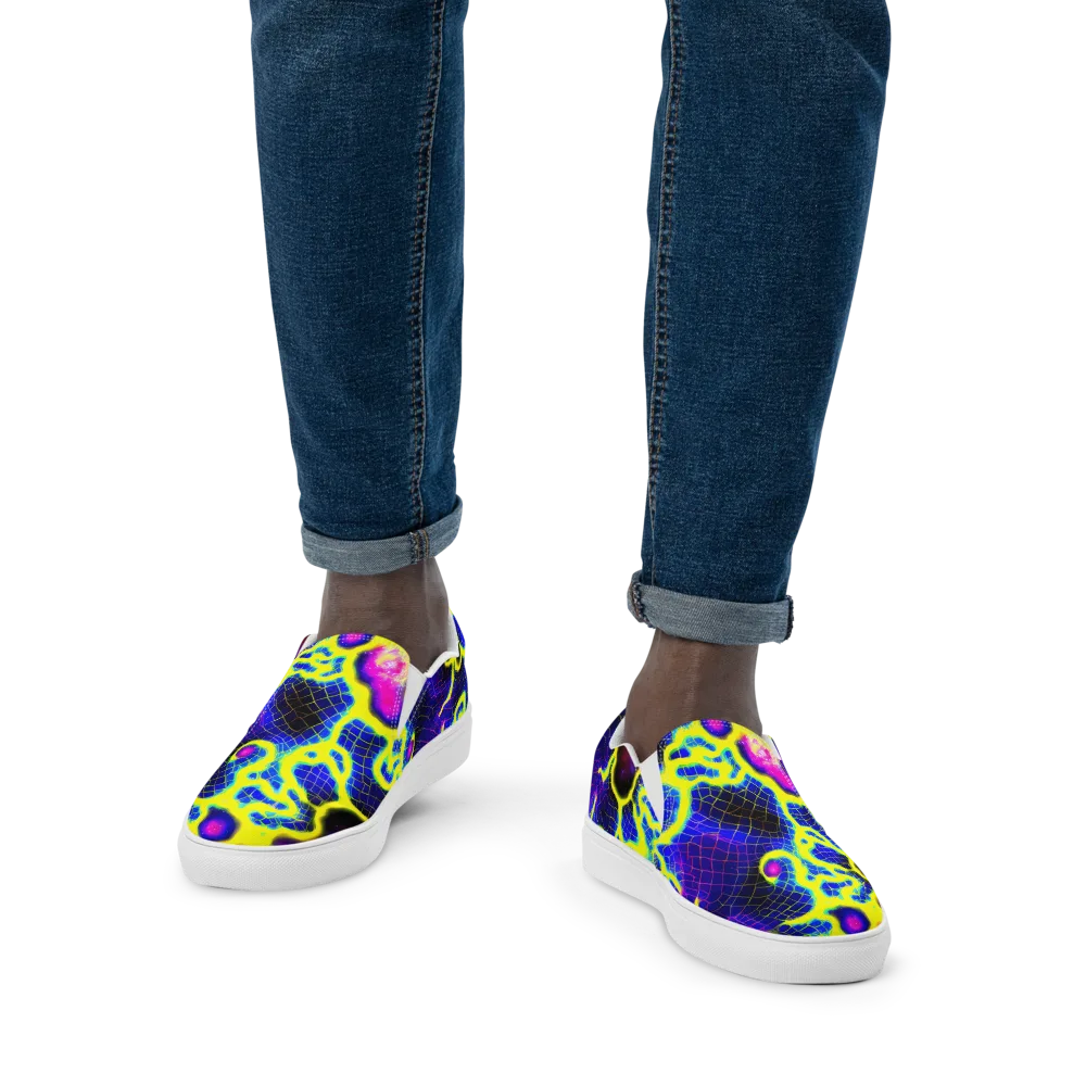 Neon Galaxy Grid on Men's Slip-On Canvas Shoes — Front
