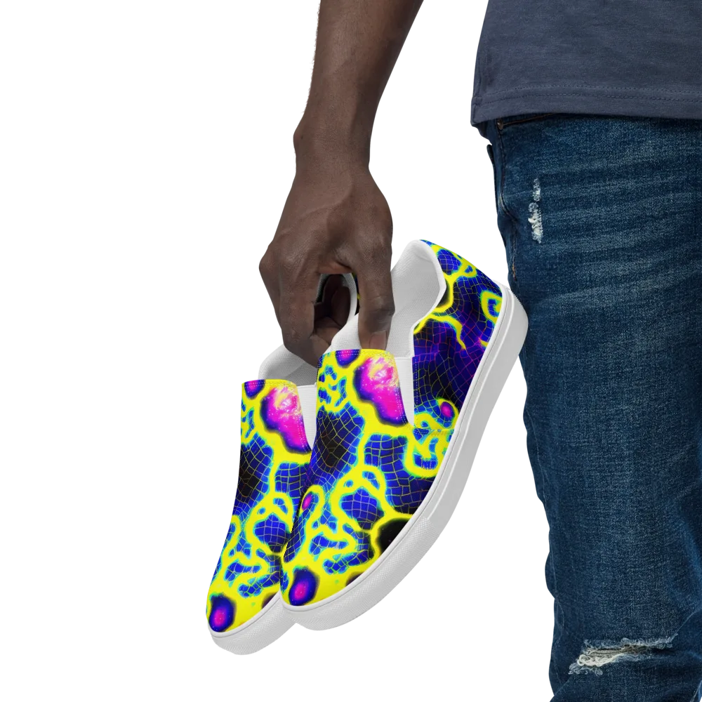 Neon Galaxy Grid on Men's Slip-On Canvas Shoes — Left Front