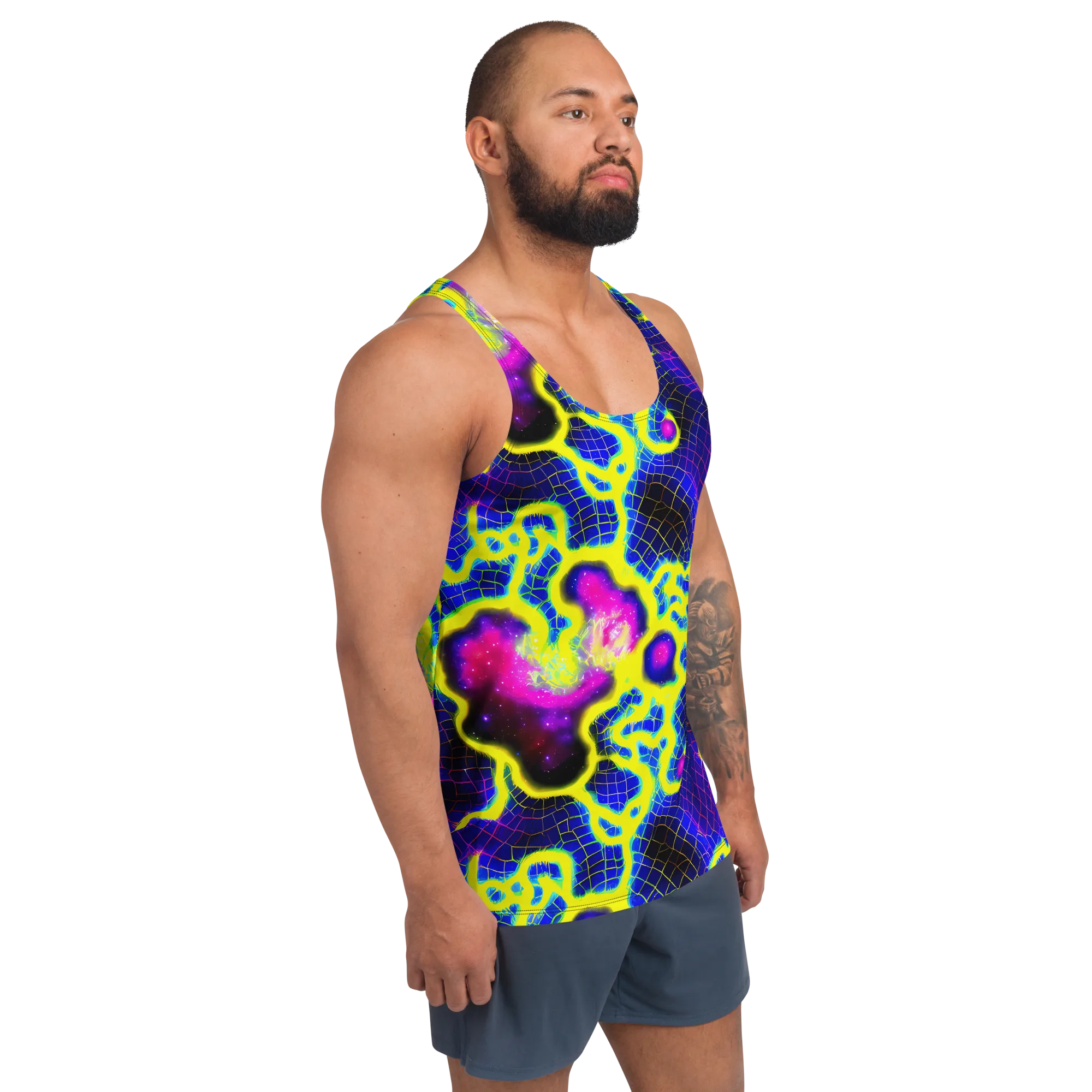 Neon Galaxy Grid on Men's Tank Top — Right Front
