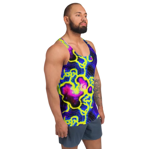 Neon Galaxy Grid on a Men's Tank Top