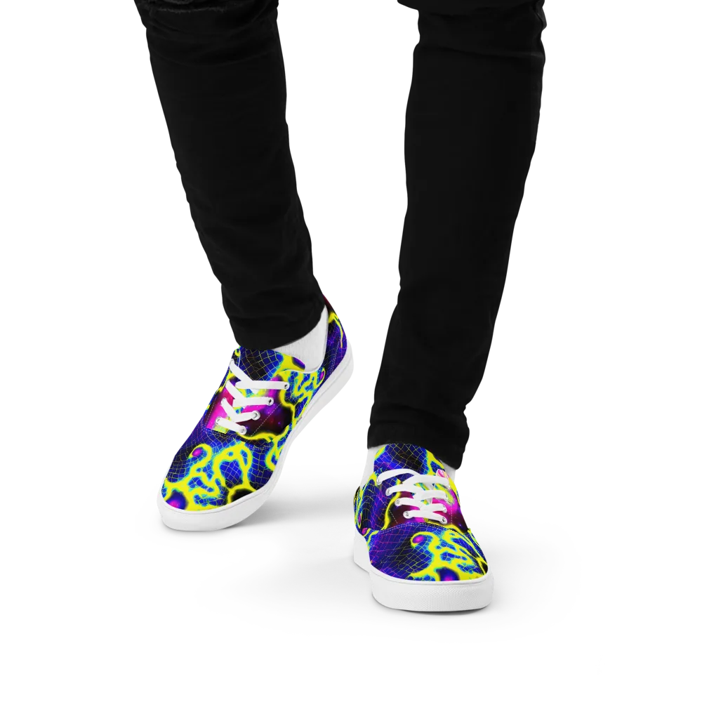 Neon Galaxy Grid on Men's Lace-Up Canvas Shoes — Front