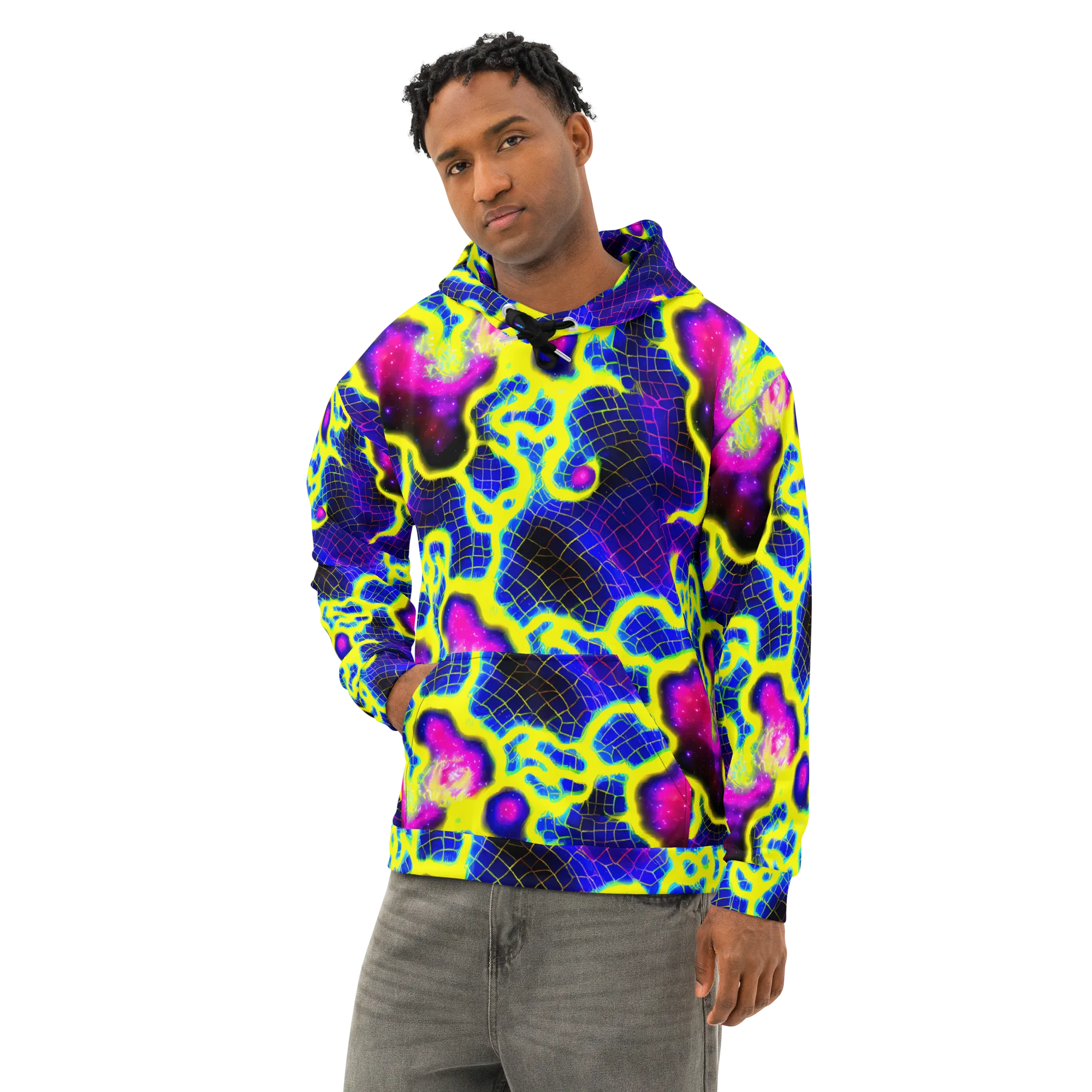 Neon Galaxy Grid on Cotton Hoodie — Left Front