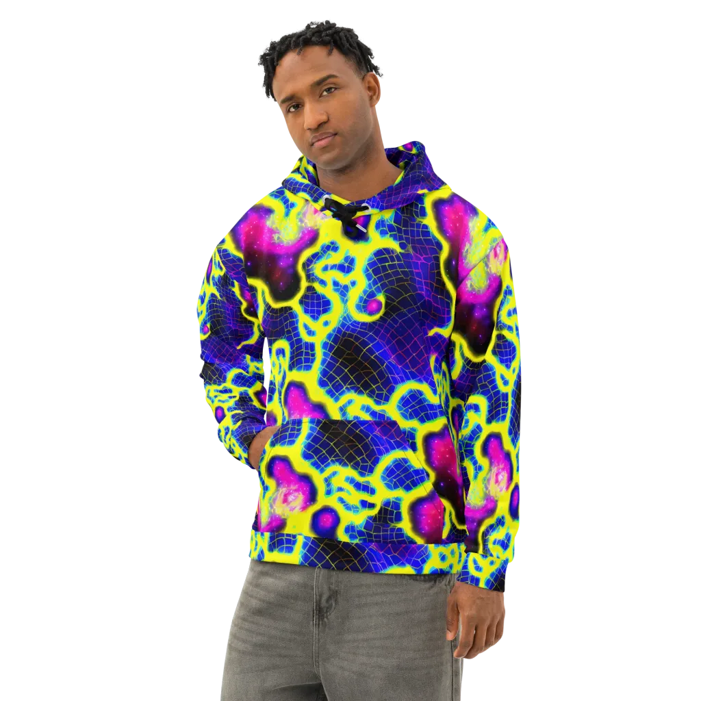 Neon Galaxy Grid on Cotton Hoodie — Left Front