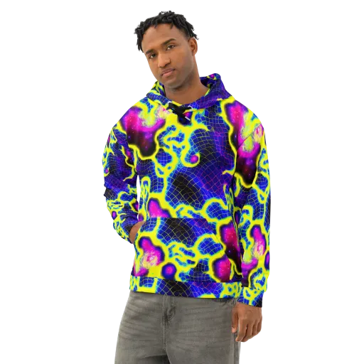 Neon Galaxy Grid on a Cotton Hoodie