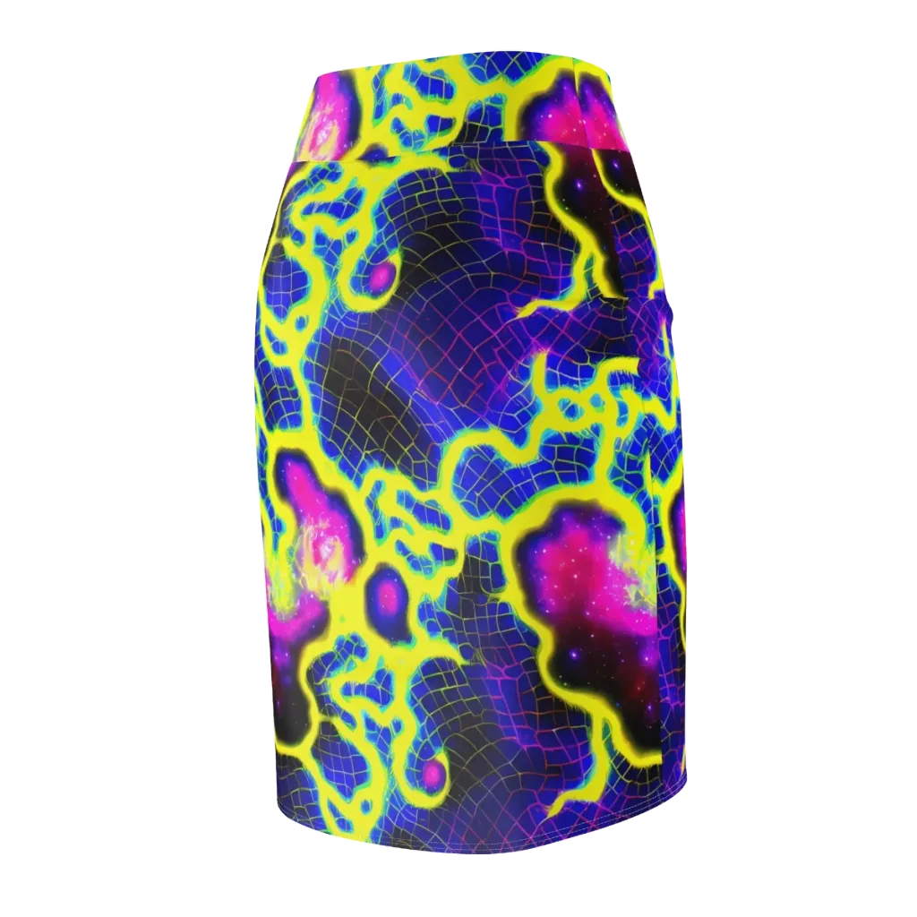Neon Galaxy Grid on Pencil Skirt — Back Side