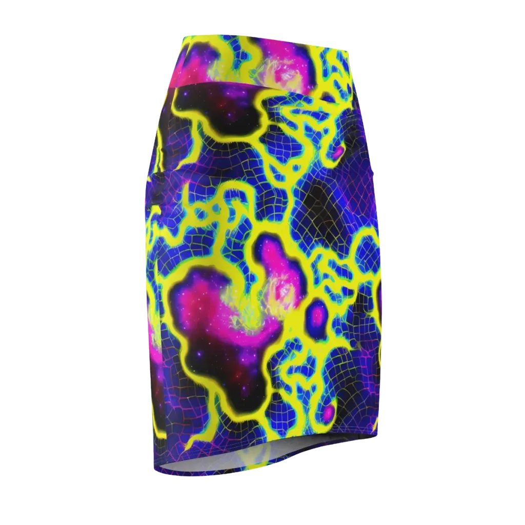 Neon Galaxy Grid on Pencil Skirt — Front Side