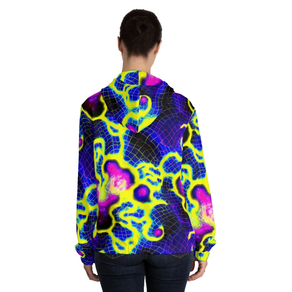 Neon Galaxy Grid on Women's Full-Zip Hoodie — Back On Person