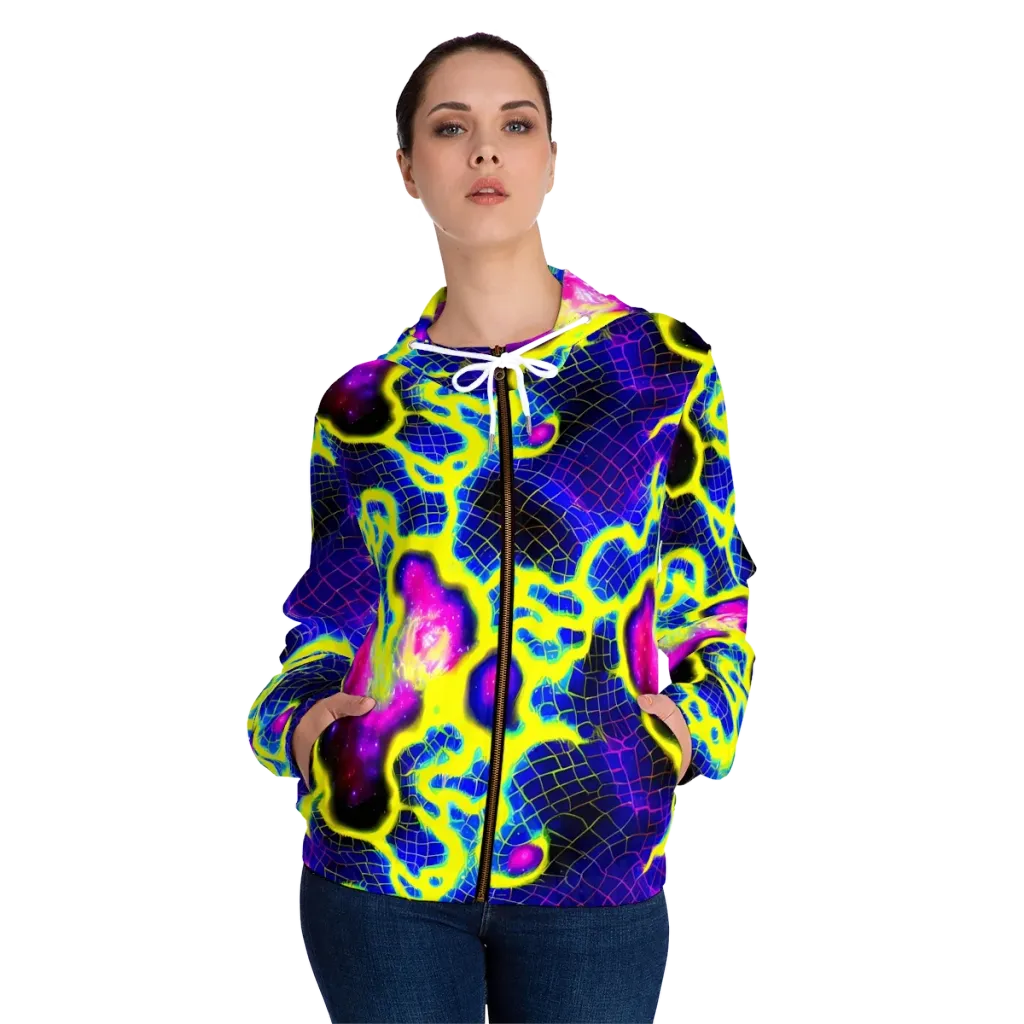 Neon Galaxy Grid on Women's Full-Zip Hoodie — Front On Person