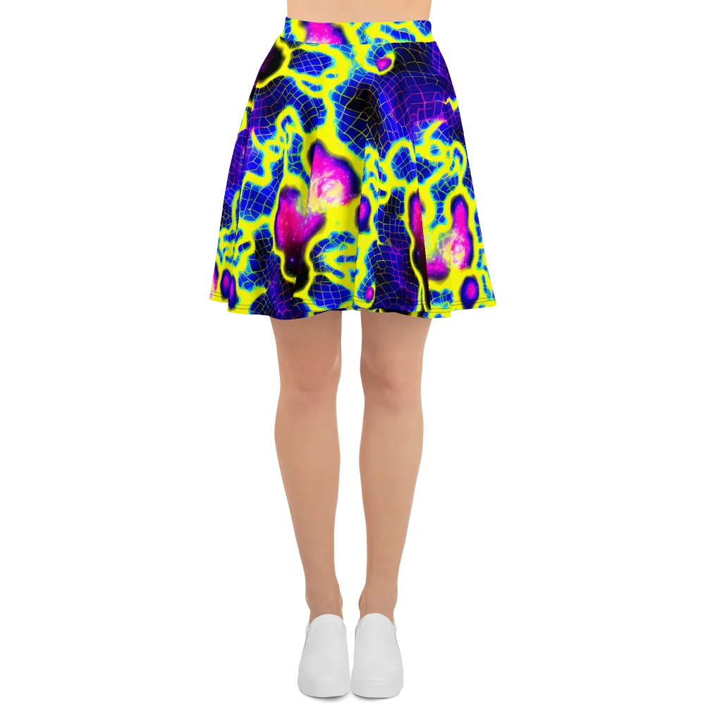 Neon Galaxy Grid on Skater Skirt — Front