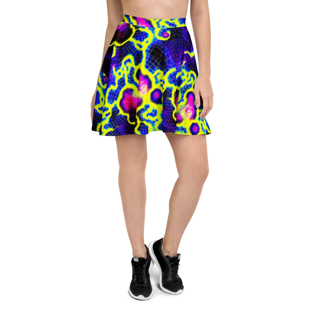 Neon Galaxy Grid on Skater Skirt — Front