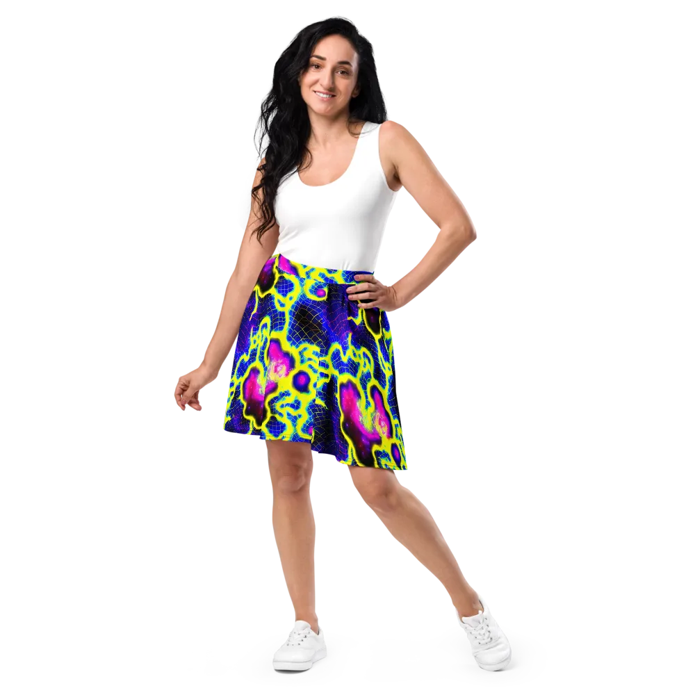 Neon Galaxy Grid on Skater Skirt — Front