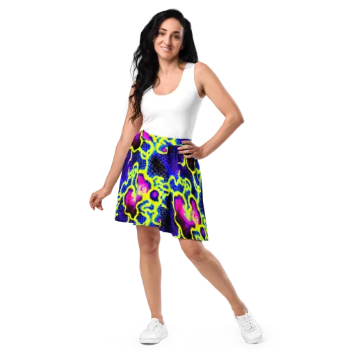 Neon Galaxy Grid on a Skater Skirt