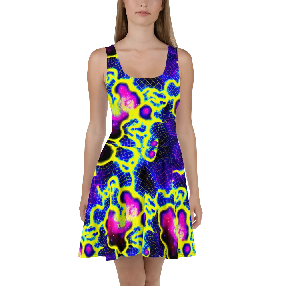 Neon Galaxy Grid on Skater Dress — Front