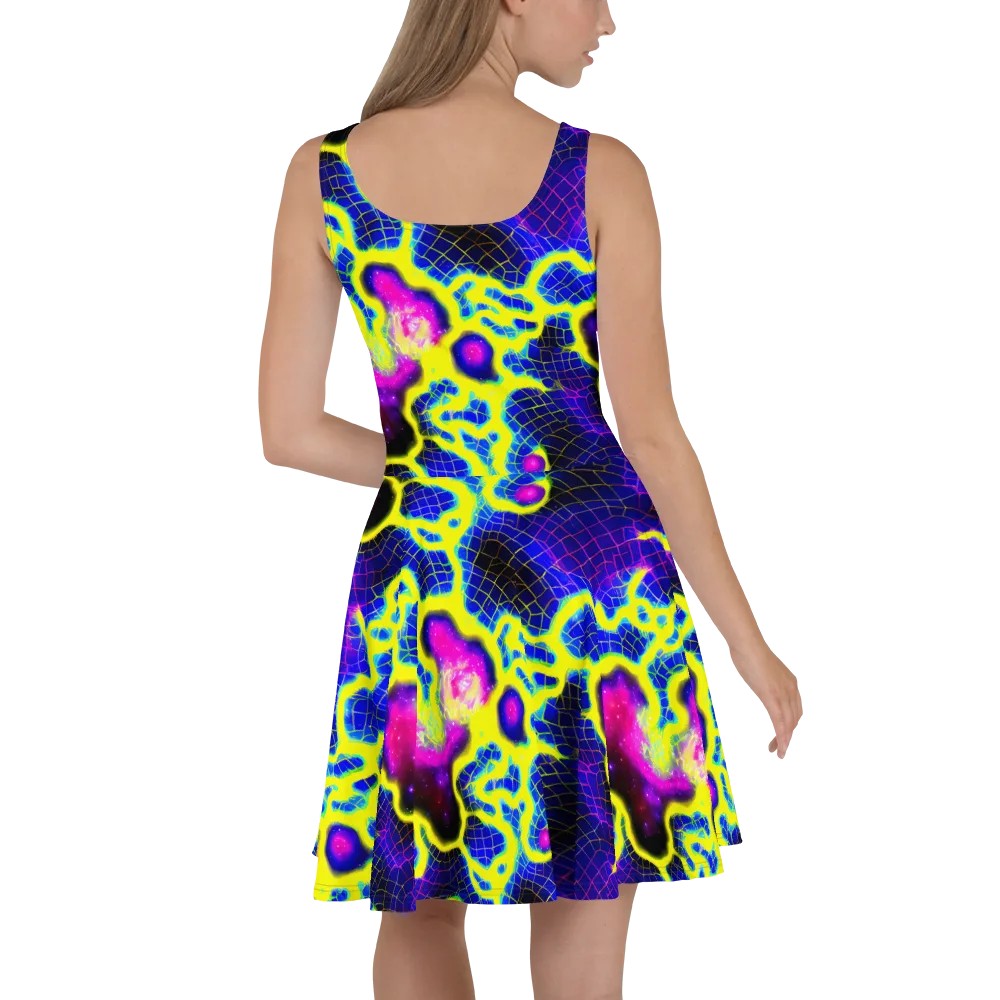 Neon Galaxy Grid on Skater Dress — Back